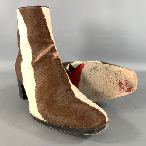 LOUBOUTIN Size 9 Brown Cream Stripe Leather Zip up heel Boots