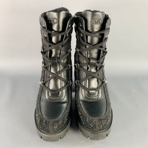 MICHAEL KORS Size 10 Black Rhinestones Faux Shearling Platform Boots