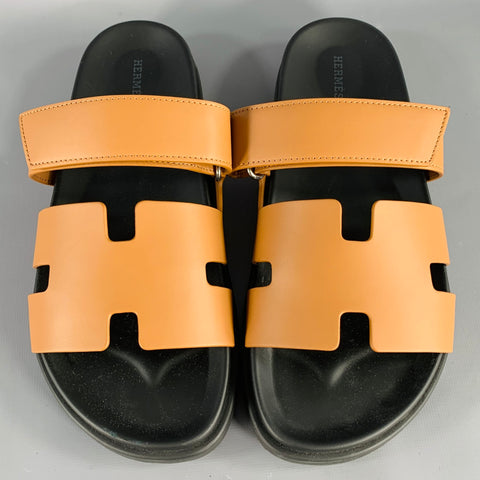 HERMES Size 8 Chypre Tan Black Leather Rubber Sole Sandals