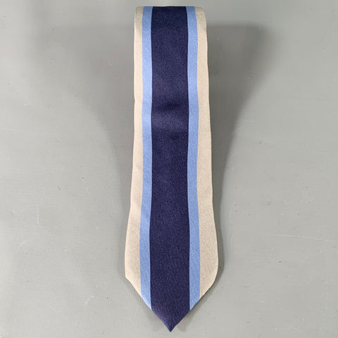PRADA Grey Navy Blue Stripe Silk Skinny Tie