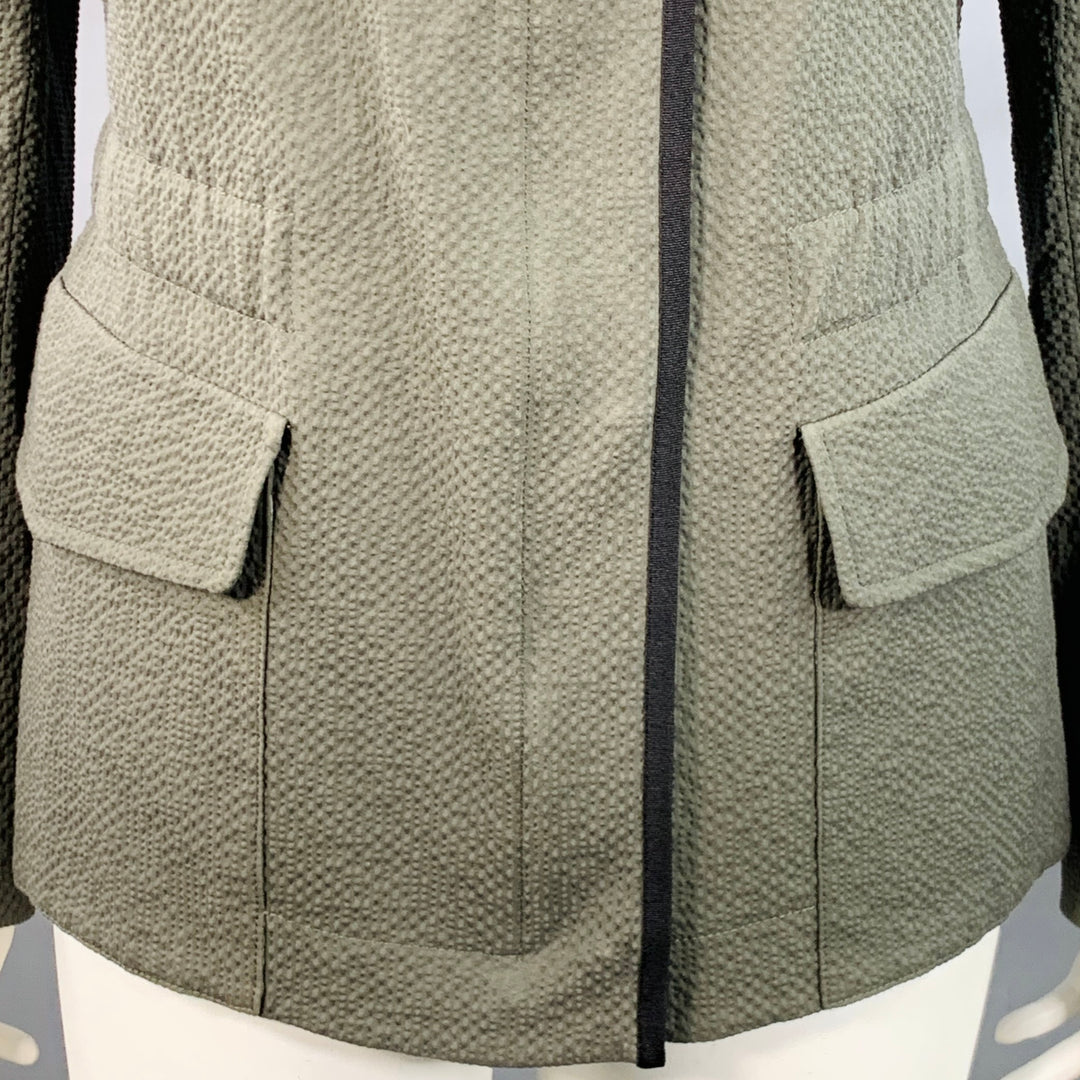 AKRIS Size 12 Black Olive Cotton Blend Seersucker Zip Snaps Collarless Jacket