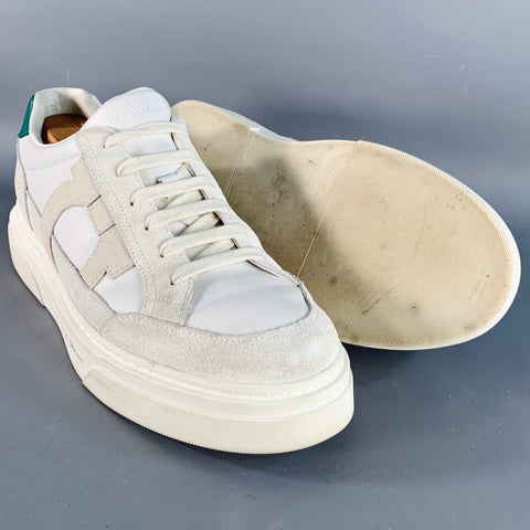 SALVATORE FERRAGAMO Size 11 White Green Logo Leather Chunky Sole Sneakers