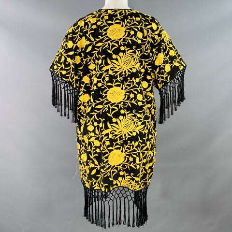 Manteau ouvert brodé en soie à franges noir et jaune ALICE + OLIVIA Taille XS/S