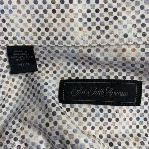 SAKS FIFTH AVENUE Size M White Grey Dots Cotton Long Sleeve Shirt