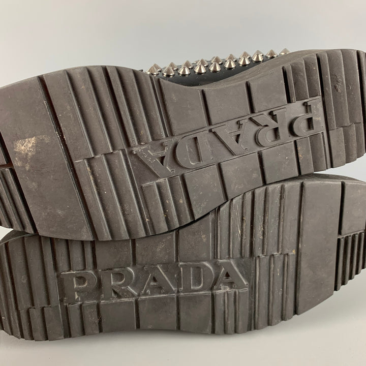 PRADA Size 9 Black Silver Studded Leather Platform Lace-Up Shoes