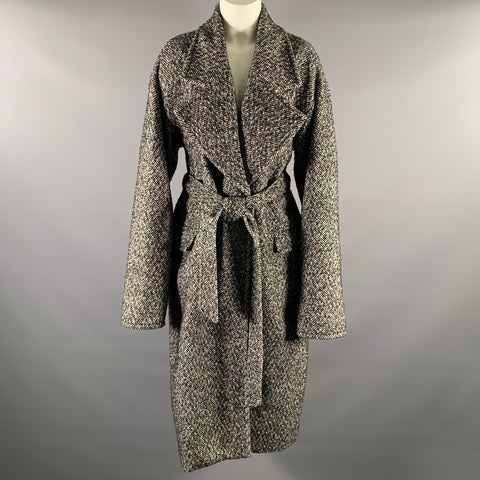 RONNY KOBO Size L Black White Polyester Wool Herringbone Double Breasted Coat