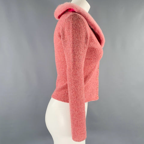 BLUMARINE Size 4 Pink Heather Wool Blend Fur Collar Cardigan
