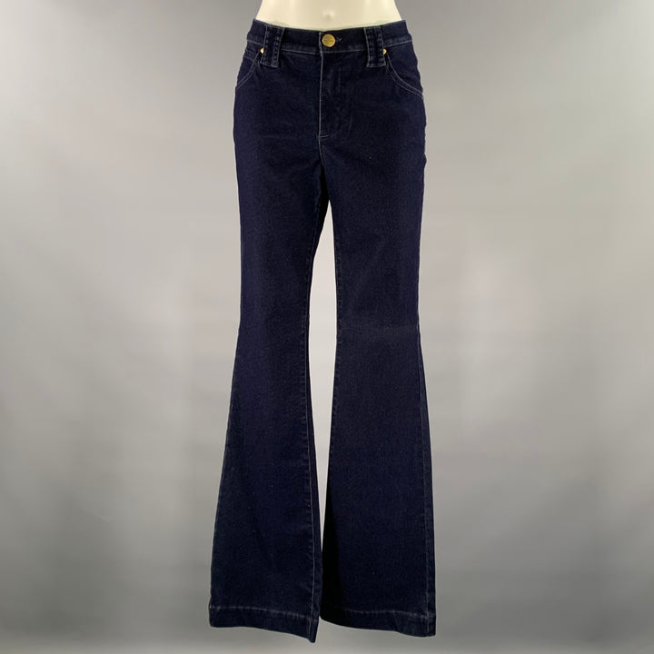 DISMERO Size 8 Navy Cotton Blend Velvet Grid Slim Bootcut Pants