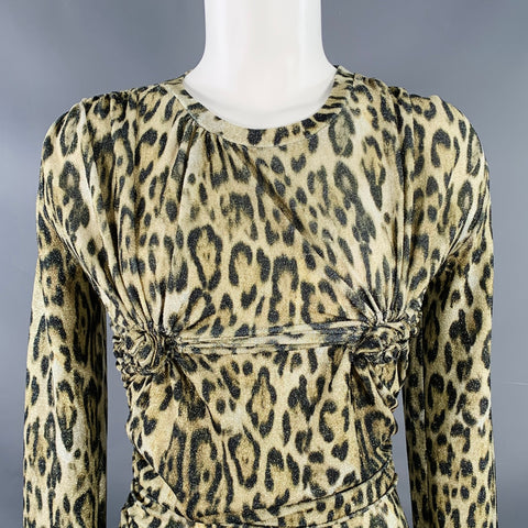 VAQUERA Size S Titty Twister Gold Olive Polyester Blend Leopard Ruched Dress Top
