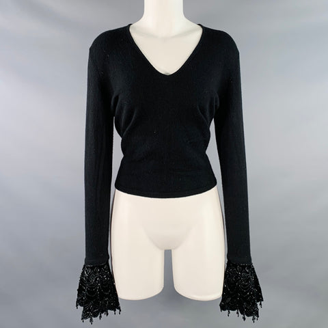 RALPH LAUREN Size M Black Cashmere Beaded V-Neck Dress Top