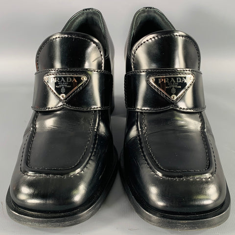 PRADA Size 7.5 Black Leather Penny Loafer Pumps