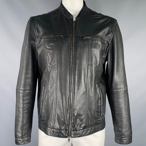 JOHN VARVATOS Taille XL Veste zippée sans col en cuir de mouton noir