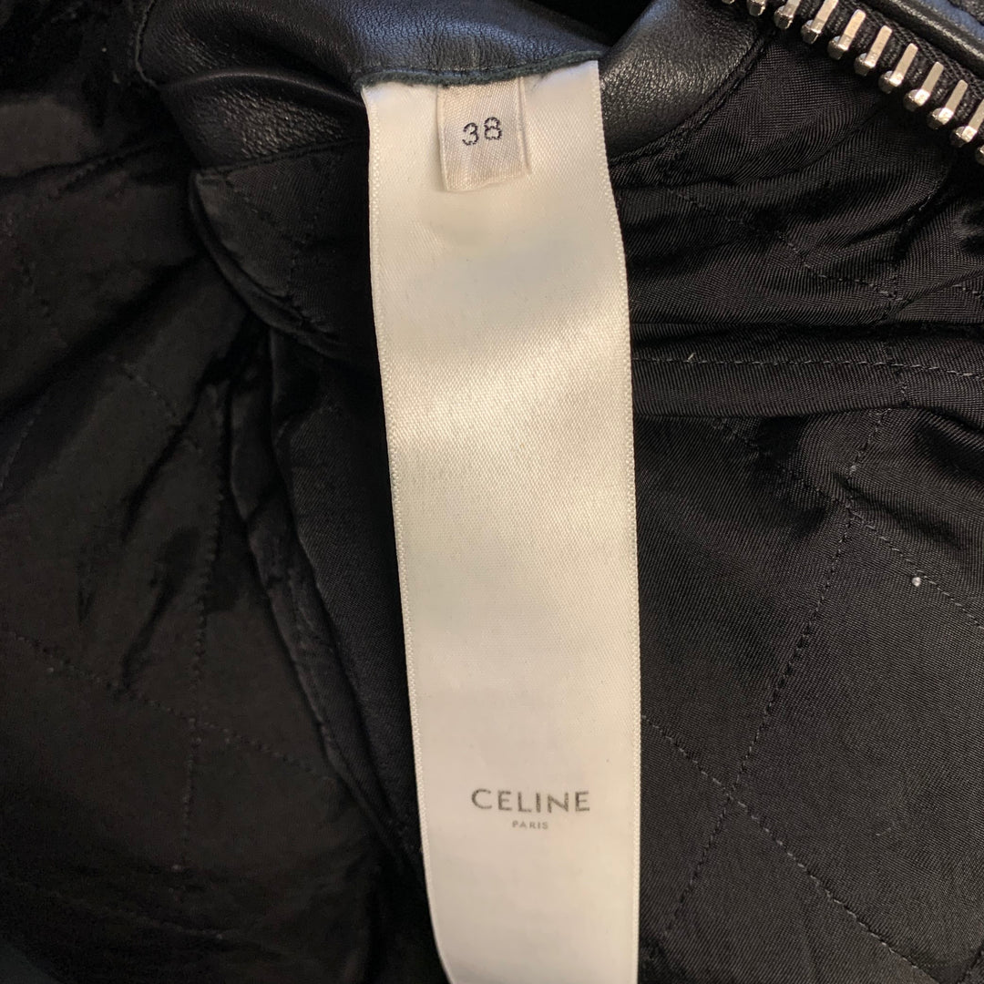 CELINE Size M Black Leather Bomber Jacket