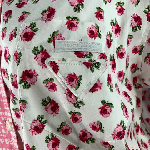 PRADA Size L Pink White Mixed Fabrics Floral Crosshatch One Pocket Camp Shirt