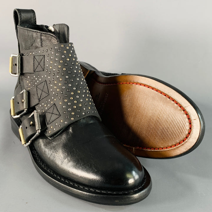 ZADIG & VOLTAIRE Size 8 Laureen Flap Black Studded Leather Belted Side Zipper Boots