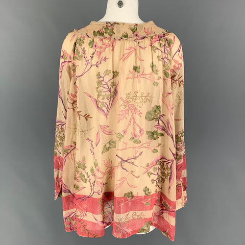 DONNA KARAN Size 6 Beige Red Cotton Silk Floral Tunic Blouse