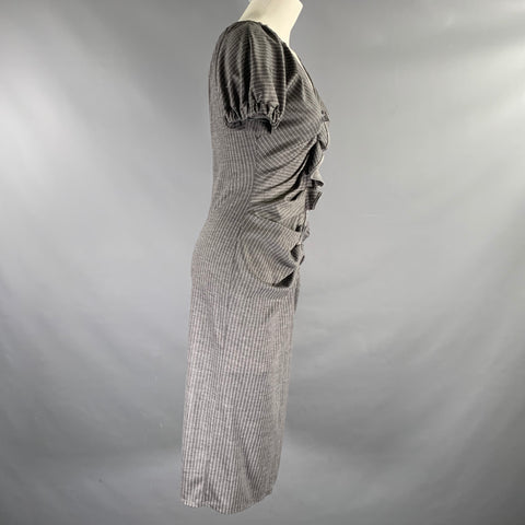 GIORGIO ARMANI Size 6 Grey White Wool Pinstripe Short Sleeve Mid-Calf Dress