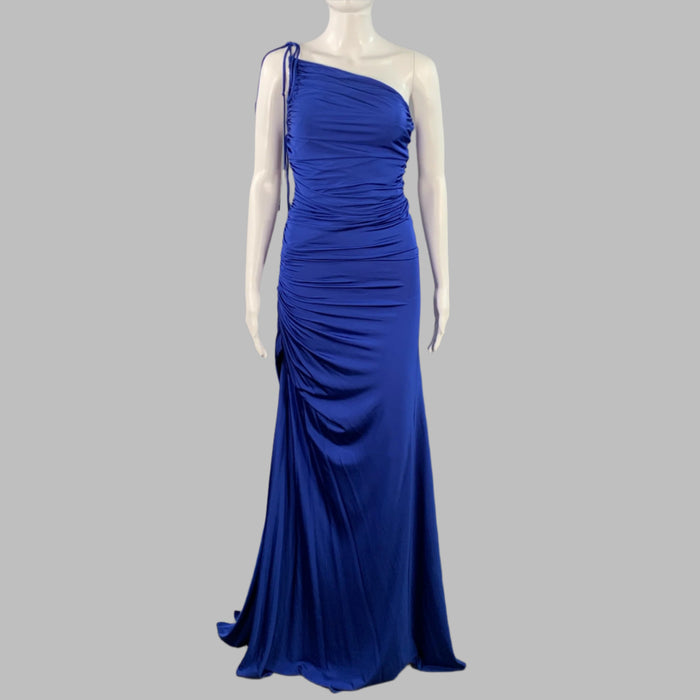 HALSTON Size 0 Blue Cobalt Ruched One Shoulder Long Evening Gown