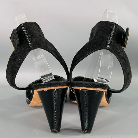 CELINE Size 10 Black Suede Patent Leather Ankle Strap Sandals