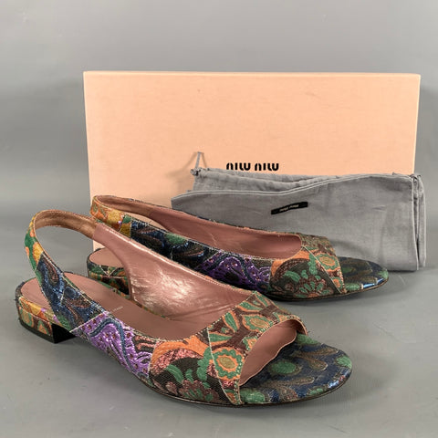 MIU MIU Size 8.5 Green Multi-Color Jacquard Slingback Sandals