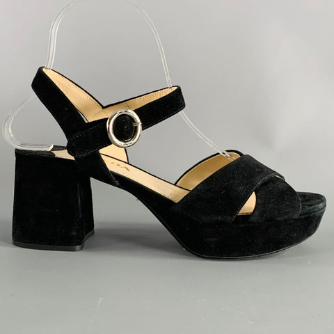 PRADA Size 7 Black Suede Chunky Heel Sandals