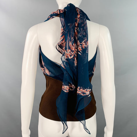 Haut en soie façon robe dos nu HERMÈS, taille S/M, en mélange de viscose marron et cobalt
