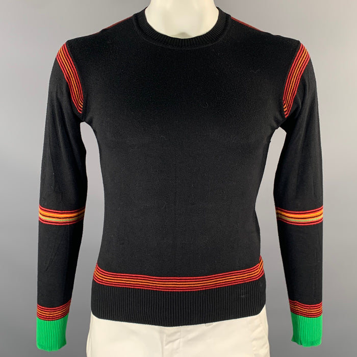 PAUL SMITH Size L Black Multi-Color Stripe Bamboo Cashmere Ribbed Pullover