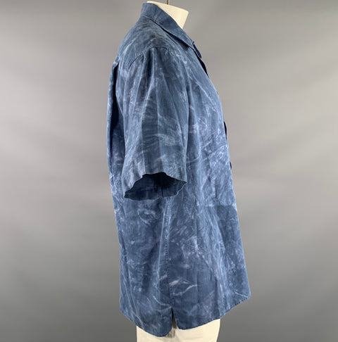 ERMENEGILDO ZEGNA Size XL Blue White Dyed Linen Short Sleeve Shirt