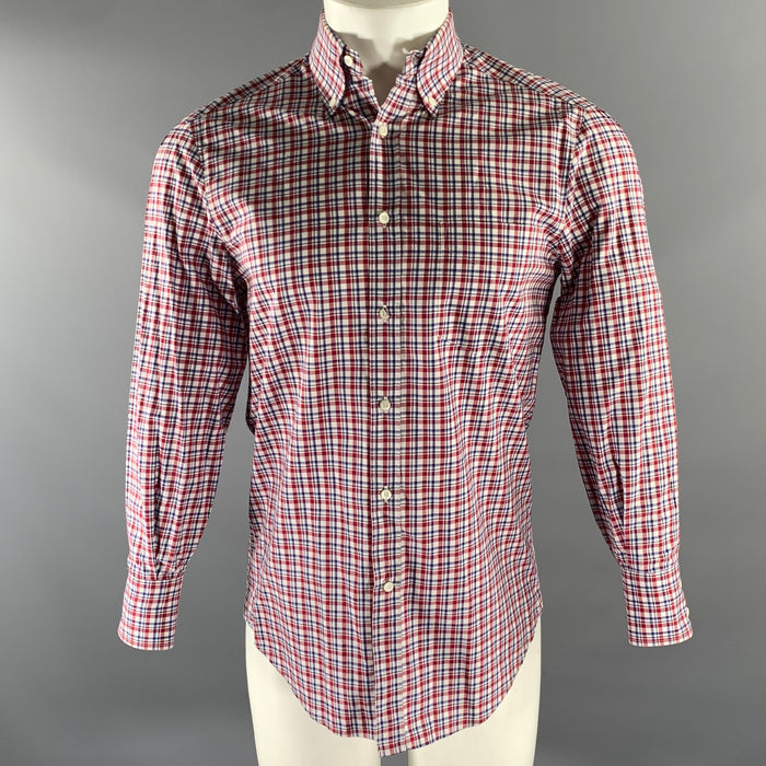 BRUNELLO CUCINELLI Size XS White Burgundy Plaid Cotton Long Sleeve Shirt