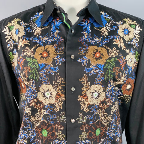 ROBERT GRAHAM Size L Black Multi Color Floral Embroidery Cotton Long Sleeve Shirt