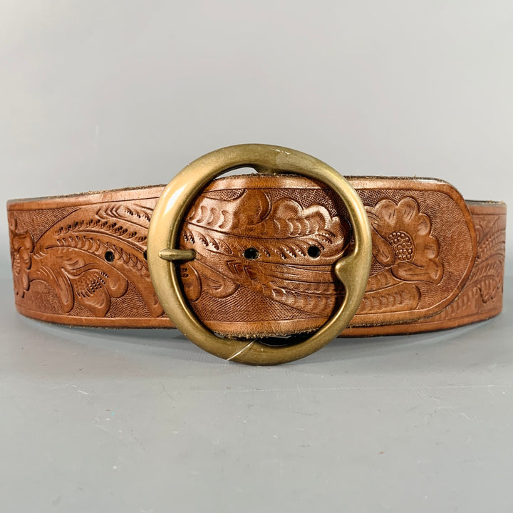 RALPH LAUREN Size M Brown Brass Embossed Leather Belt