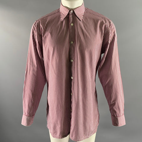 CHARVET Size L Burgundy White Stripe Cotton Pointed Collar Long Sleeve Shirt