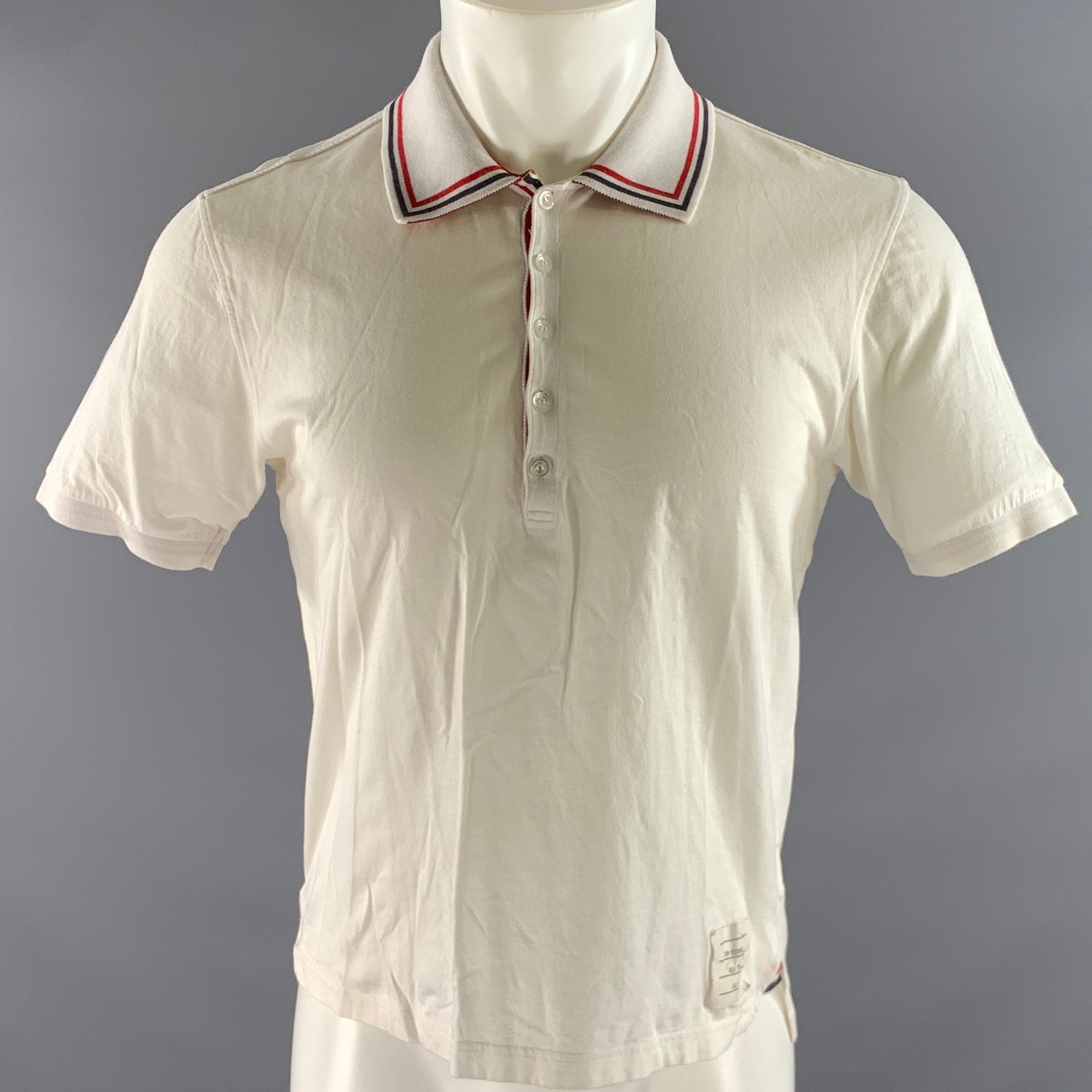 THOM BROWNE Size S White Red & Blue Stripe Cotton Short Sleeve