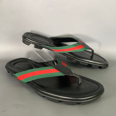 GUCCI Size 10.5 Black Green & Red Stripe Leather Thong Sandals