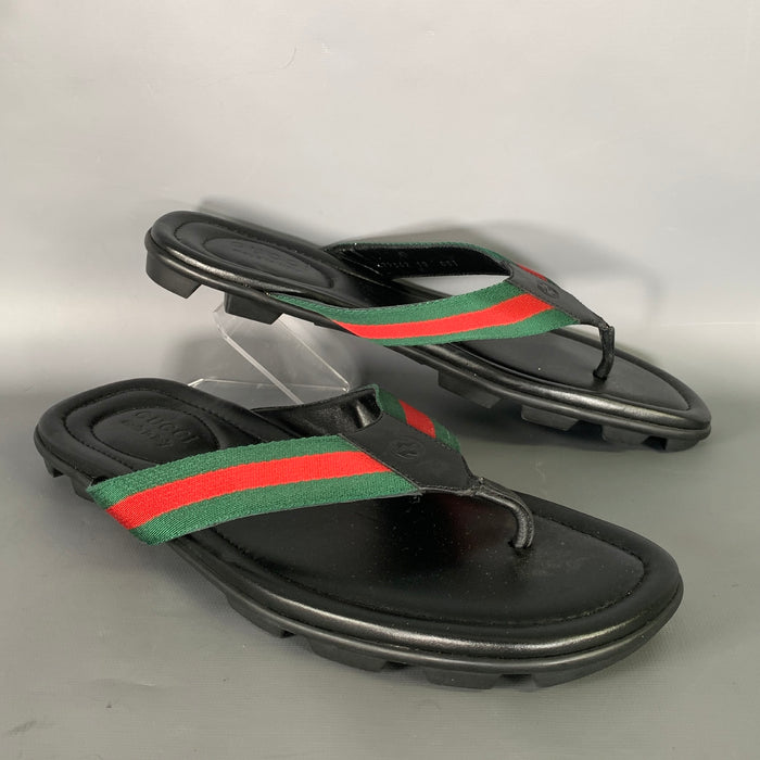 GUCCI Size 10.5 Black Green & Red Stripe Leather Thong Sandals