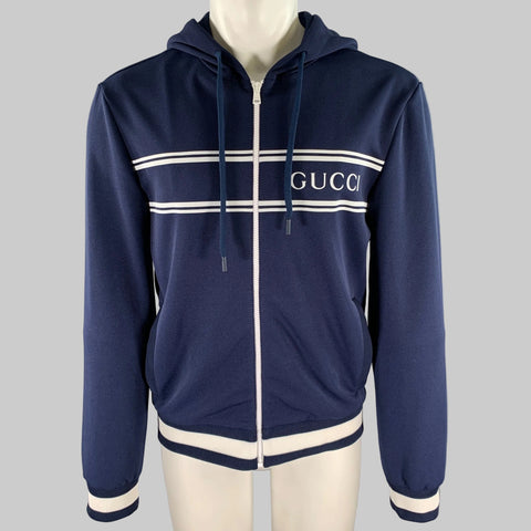 GUCCI Size M Navy White Logo Polyester Zip Up Hoodie Jacket