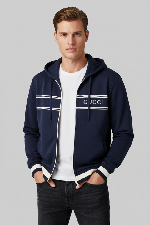GUCCI Size M Navy White Logo Polyester Zip Up Hoodie Jacket