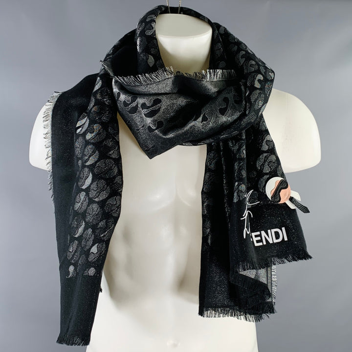 FENDI x KARL LAGERFELD Karl Lover Silver Black Silk Wool Scarf Shawl