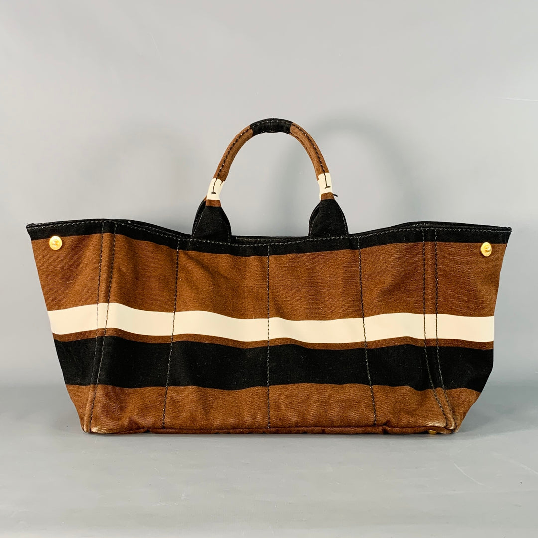 PRADA Canapa Brown Black White Stripe Canvas Open Top Tote Handbag