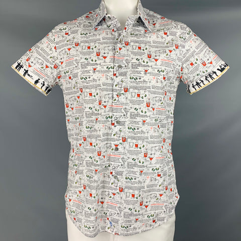 ROBERT GRAHAM Talla L Camisa de manga corta con estampado de recetas de cóctel en blanco y negro