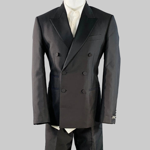 BURBERRY Size 38 Black Wool Silk Double Breasted Tuxedo