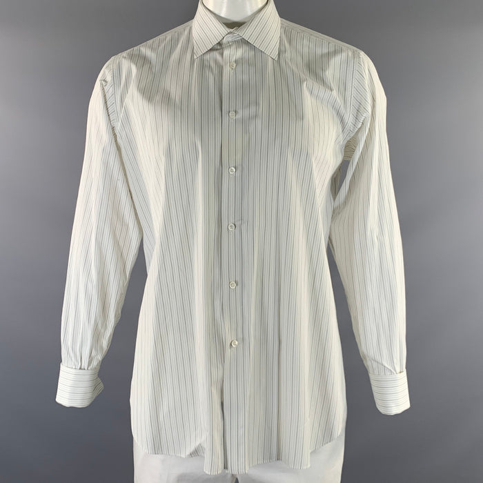 BRIONI Size XL White Black & Grey Stripe Cotton Button Up Long Sleeve Shirt