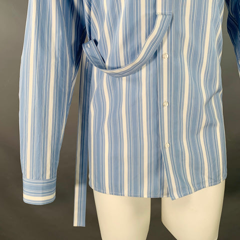 JIL SANDER Size M Giusy Blue White Stripe Cotton Collarless Long Sleeve Shirt