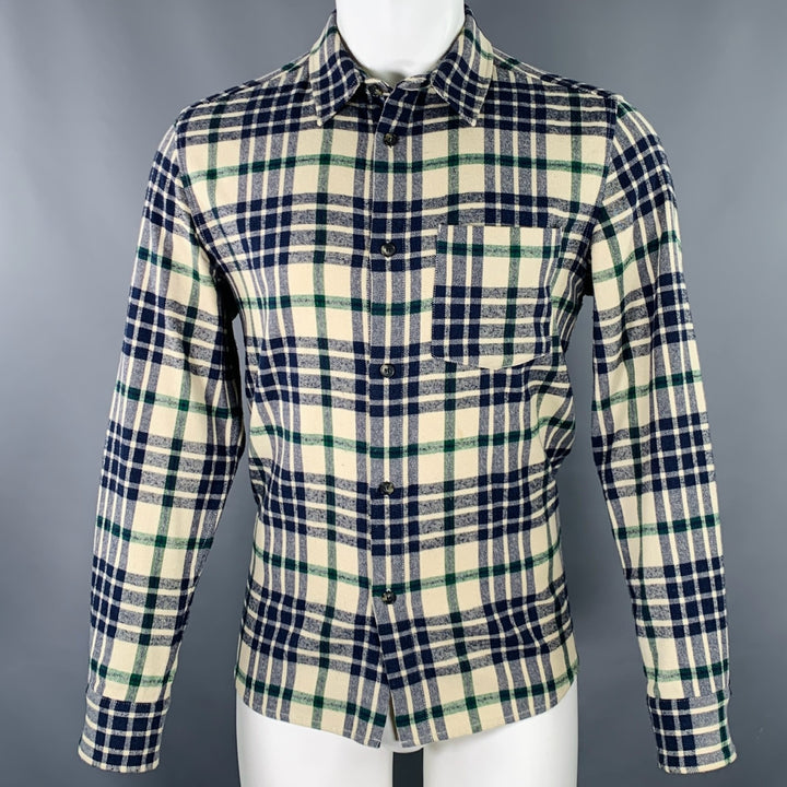 A.P.C. Size M Cream Navy Plaid Cotton Blend One Pocket Long Sleeve Shirt
