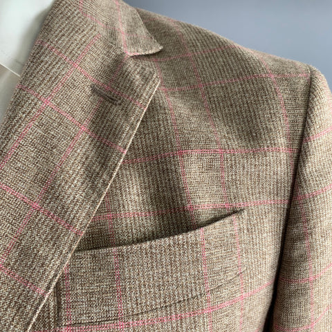 SID MASHBURN Size 44 Brown Pink Window Pane Wool Cotton Sport Coat