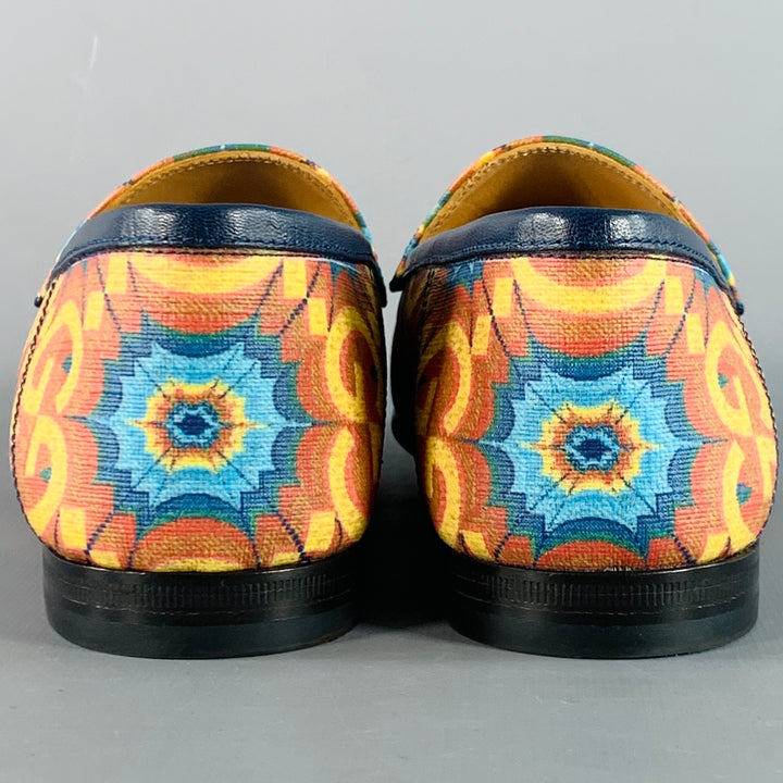 GUCCI Size 7 Orange Blue Coated Canvas Leather GG Print Horsebit Loafers Flats