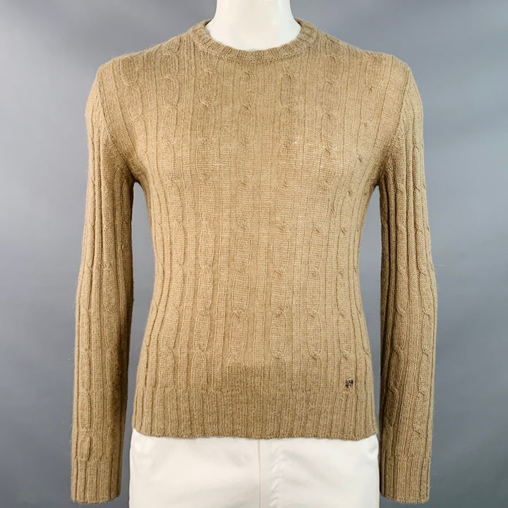 GUCCI Size L Tan Cable Knit Cashgora Crew Neck Sweater