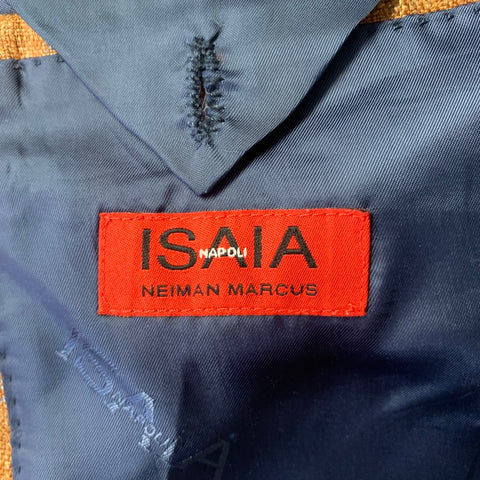 ISAIA Size 46 Orange Blue Camel Plaid Wool Blend Notch Lapel Sport Coat