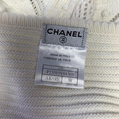 CHANEL Size 8 White Cotton Geometric Ribbed Knee Length Dress