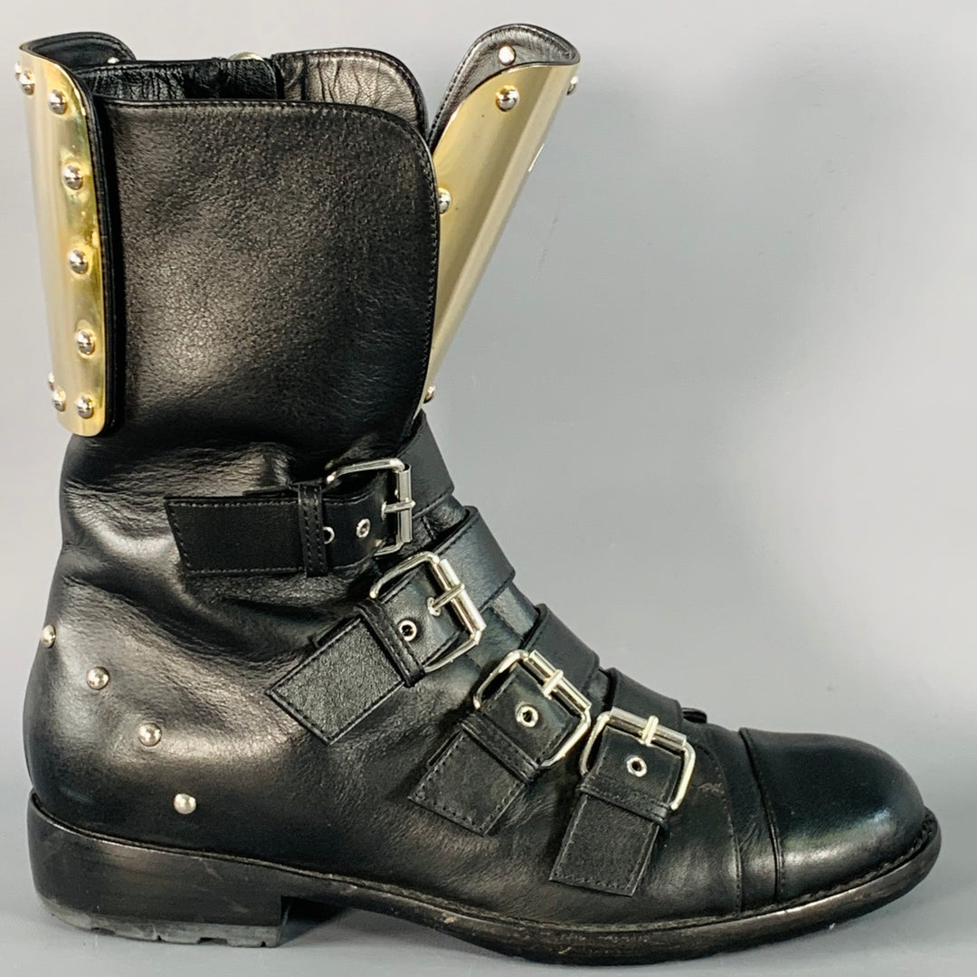 GIUSEPPE ZANOTTI Size 7 Black Gold Leather Metal Buckles Lace-Up Zipper Boots